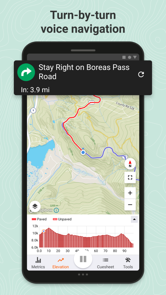 Turn-by-turn cues at the top of the navigation screen.