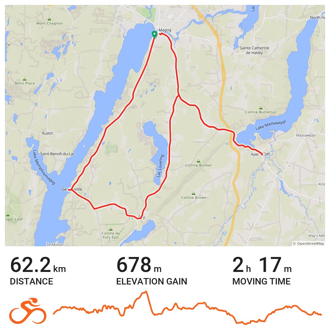 Magog Ayer's Cliff Loop 60km A bike ride in Magog, Québec