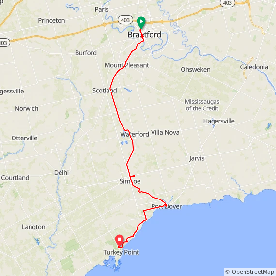 Brantford to Turkey Point Provincial Park via Port Dover